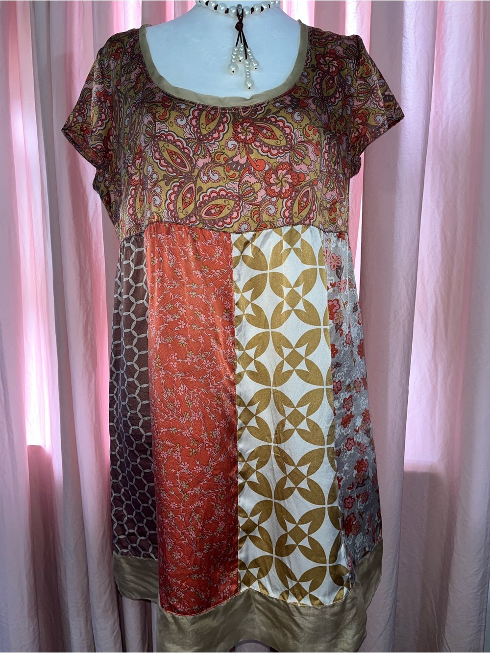 100% Silk Garnet Hill Patchwork Paisley Cap Sleeve Babydoll Dress